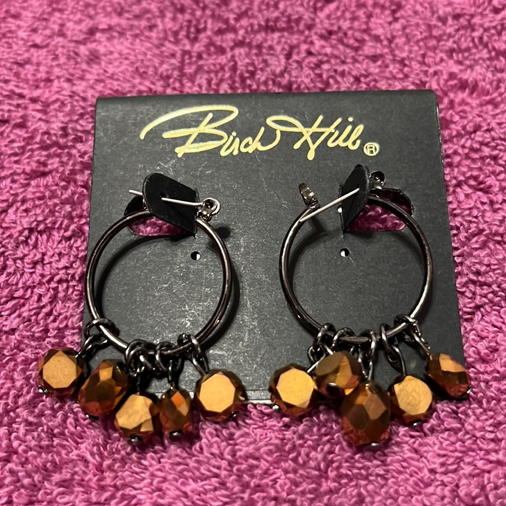 Black metal with bronze crystals hoop earrings